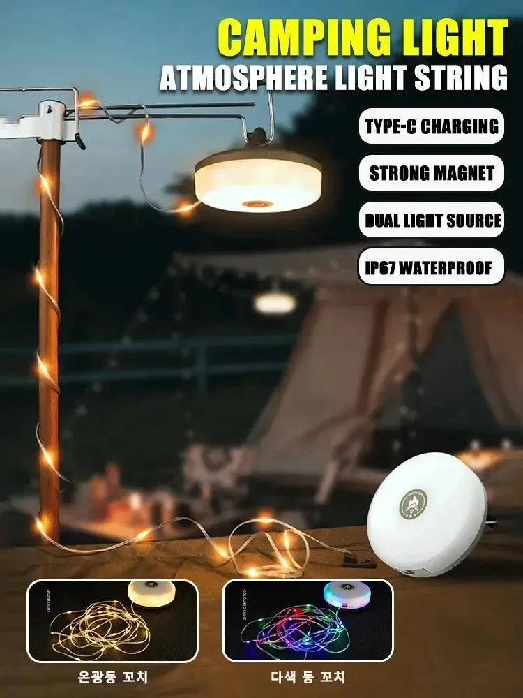 🌟 Camping String Lights, 33Ft with Lanterns (2 in 1) | Rechargeable 2000mAh Camping Lights | IPX6 Waterproof & USB Charging