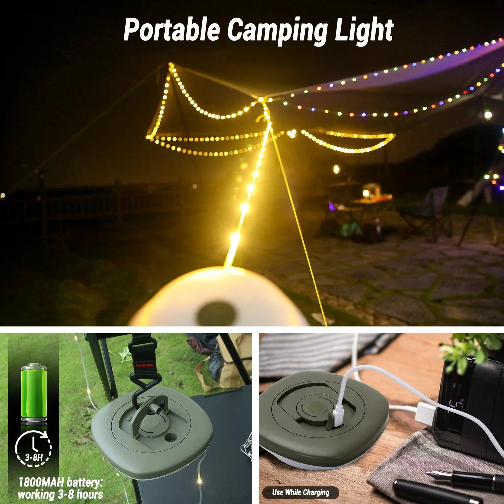 🌟 Camping String Lights, 33Ft with Lanterns (2 in 1) | Rechargeable 2000mAh Camping Lights | IPX6 Waterproof & USB Charging