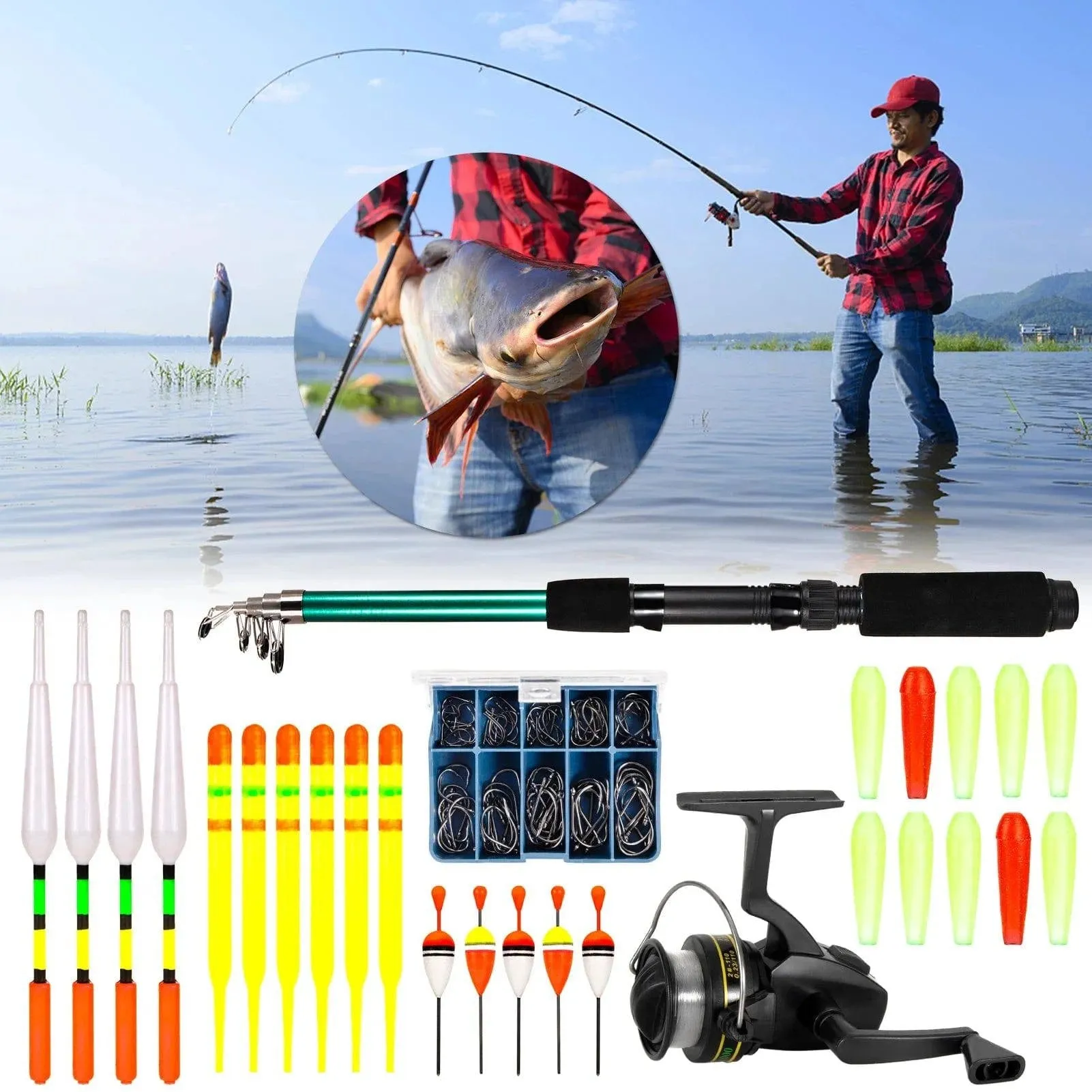 127pcs Fishing Tackle Set Fishing Rod and Reel Combo Telescopic Fishing Rod Pole with Spinning Reel Floats Hooks Accessories