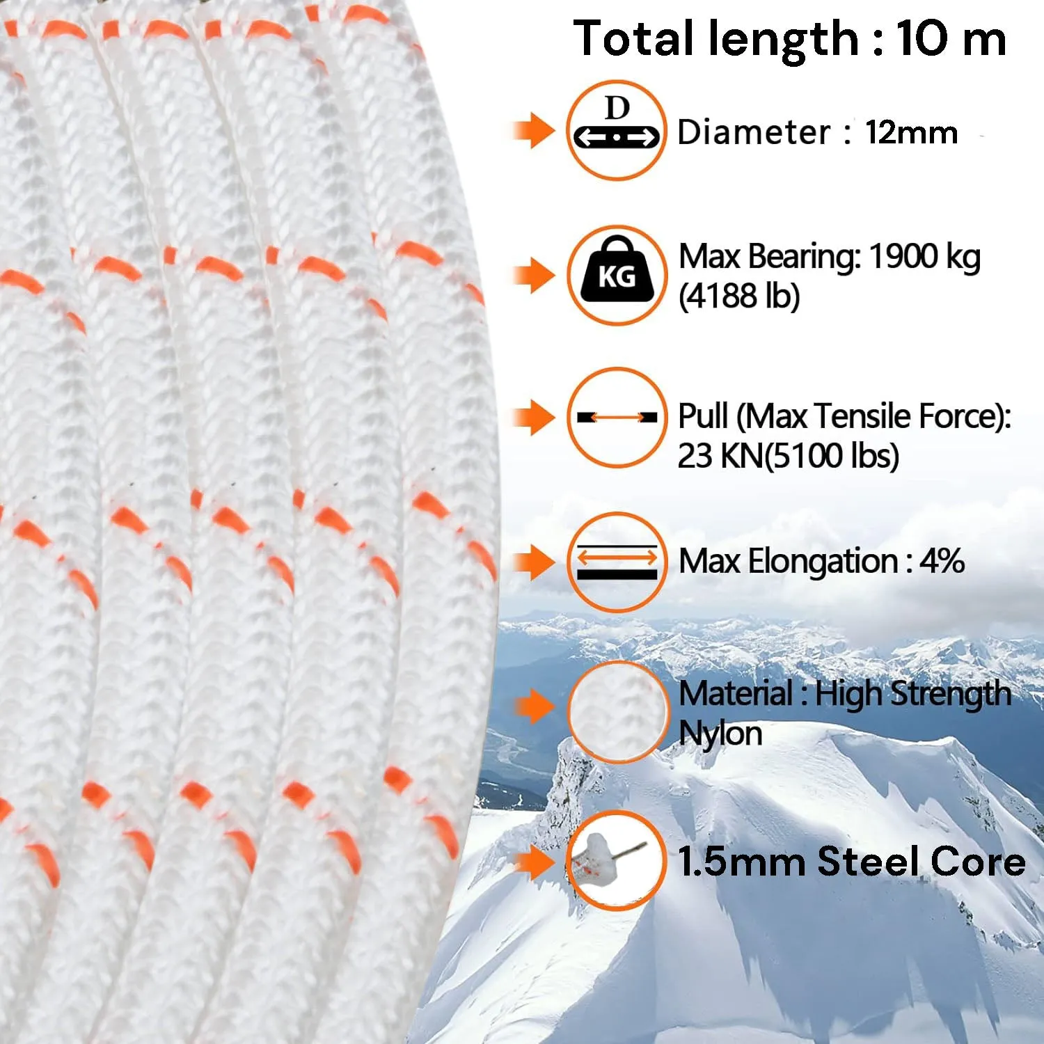 12mm 10m Nylon Safety Climbing Rope with Steel Core