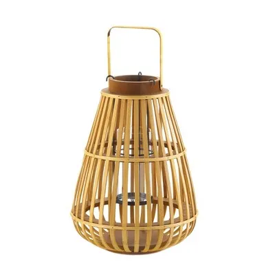 13.75" Wood Slat Outdoor Lantern Tan - Zingz & Thingz: Patio Candle Holder, Bronze Plated Finish