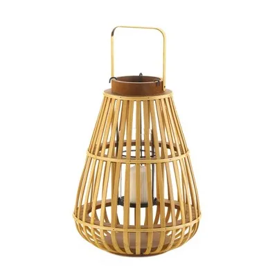 13.75" Wood Slat Outdoor Lantern Tan - Zingz & Thingz: Patio Candle Holder, Bronze Plated Finish