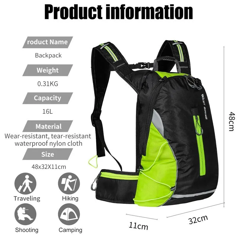 16L Sport Cycling Backpack Waterproof Ultralight Bicycle Bag Outdoor Mountaineering Hiking Climbing Travel Backpack