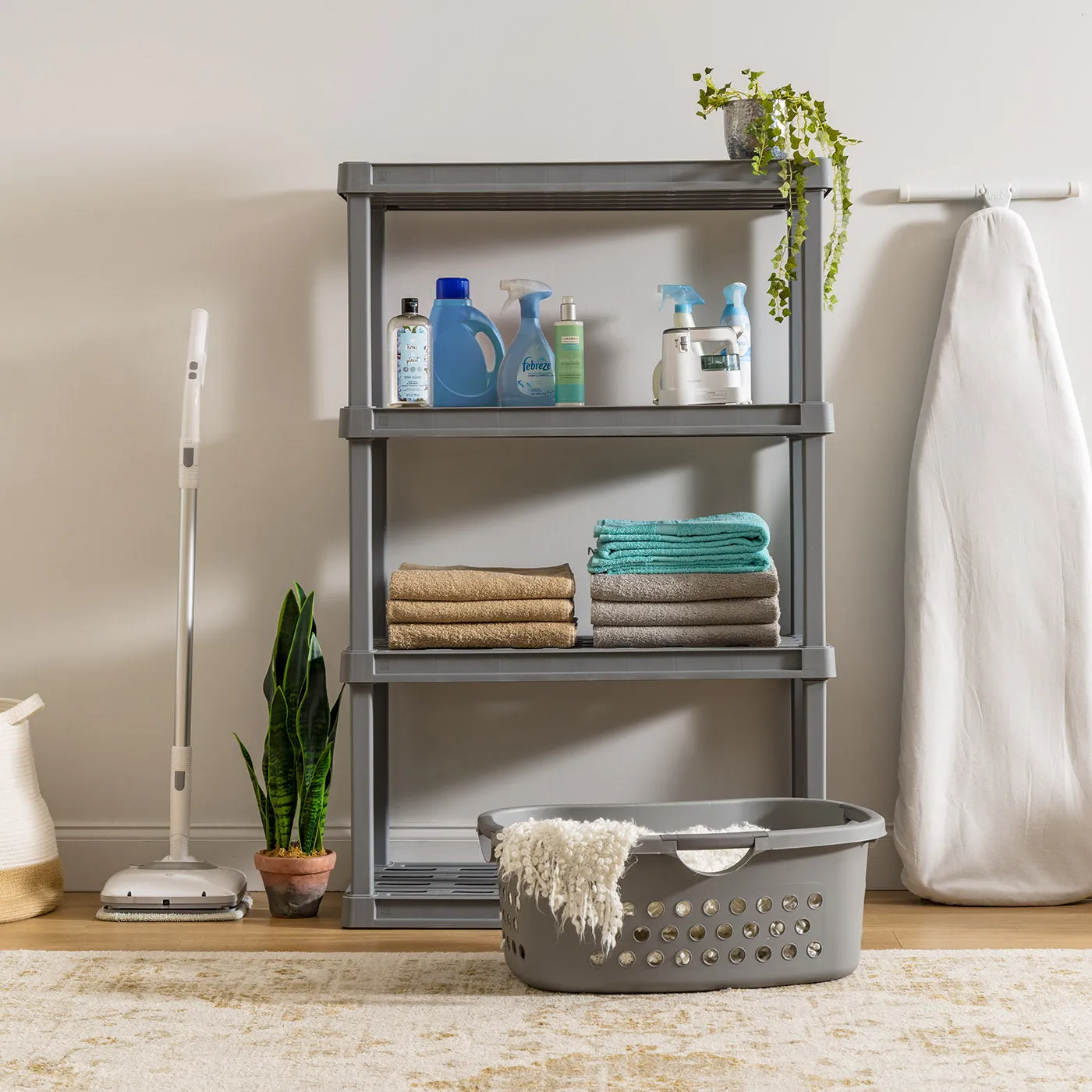 4-Tier Wide Plastic Rack Storage Shelf with 400lb. Total Capacity, Elephant Gray