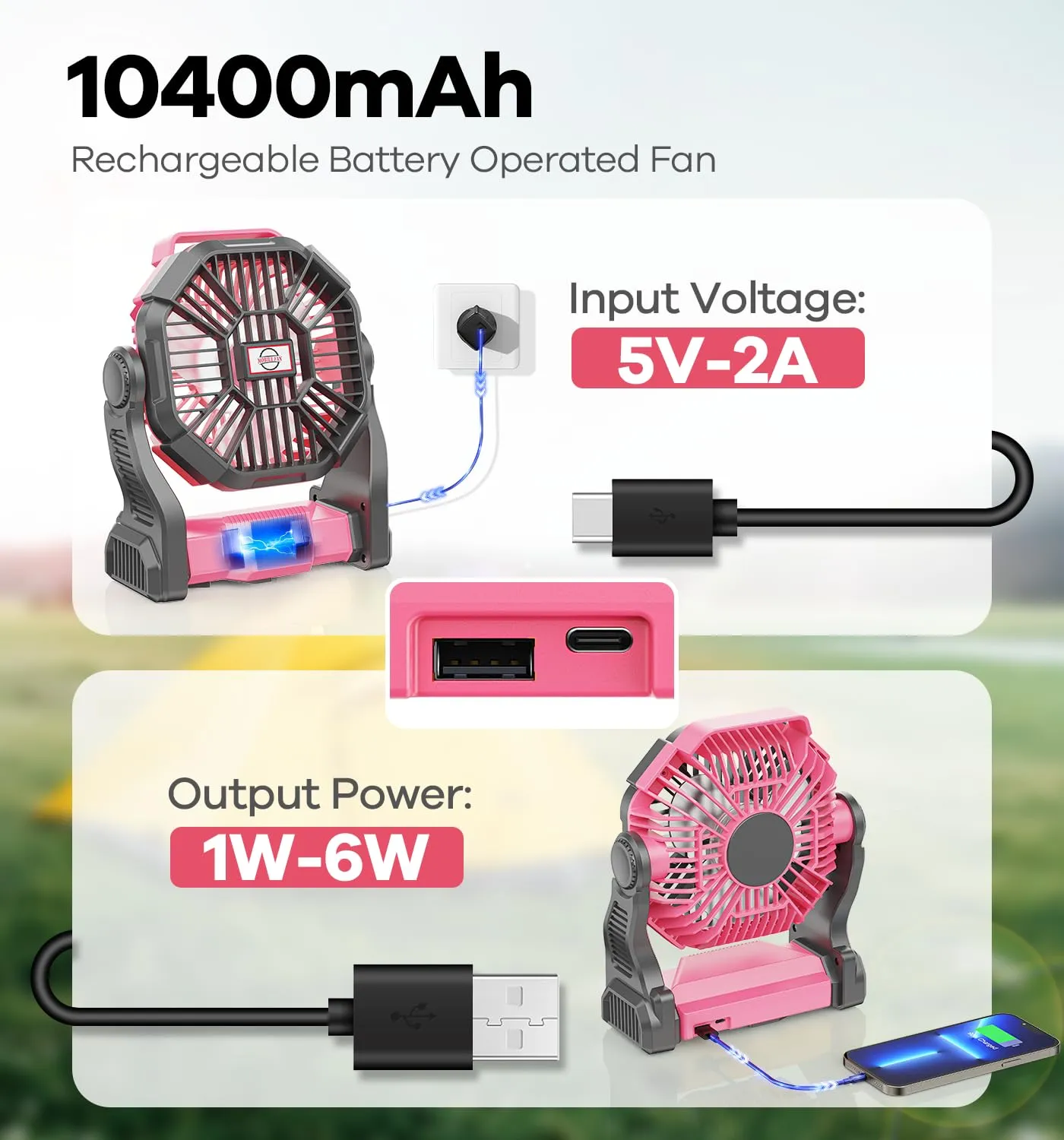 DOWILLDO Camping Fan with LED Lantern, 10400mah Portable Battery Operated Outdoor Fan, Personal Rechargeable Fan for Travel, Hiking, Fishing, Picnic (Pink)