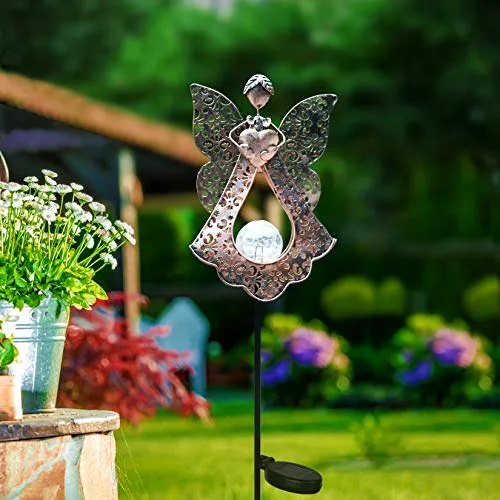 KAIXOXIN LEDs Solar Stake Lights For Garden Metal Warm White, Memorial Gift - Perfect as Remembrance & Sympathy Gifts (Angel-Bronze)