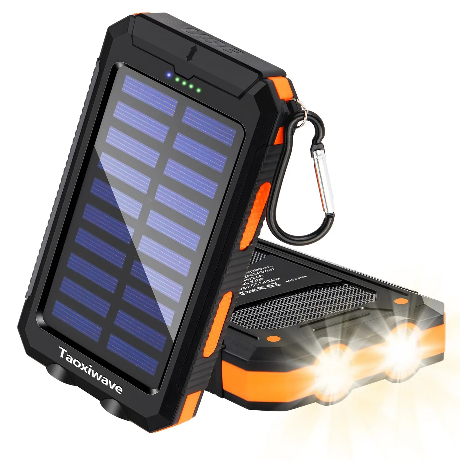 Taoxiwave Solar Power Bank, 38800mAh Portable Charger Fast Charging Waterproof Portable External Backup Battery Pack Charger,Camping Battery Bank with Dual USB/Flashlight and Compass (Orange)