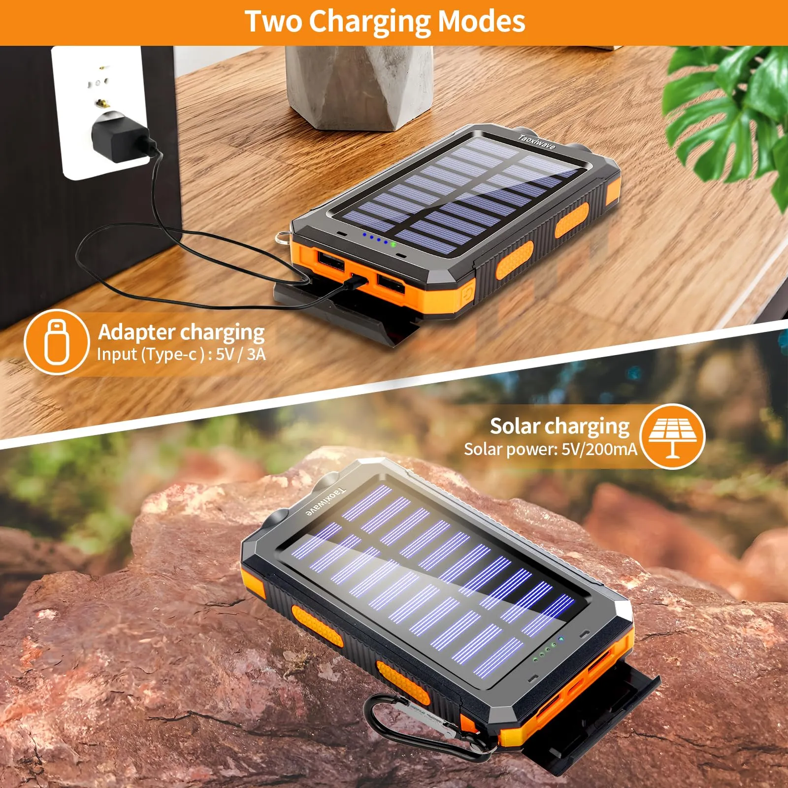 Taoxiwave Solar Power Bank, 38800mAh Portable Charger Fast Charging Waterproof Portable External Backup Battery Pack Charger,Camping Battery Bank with Dual USB/Flashlight and Compass (Orange)