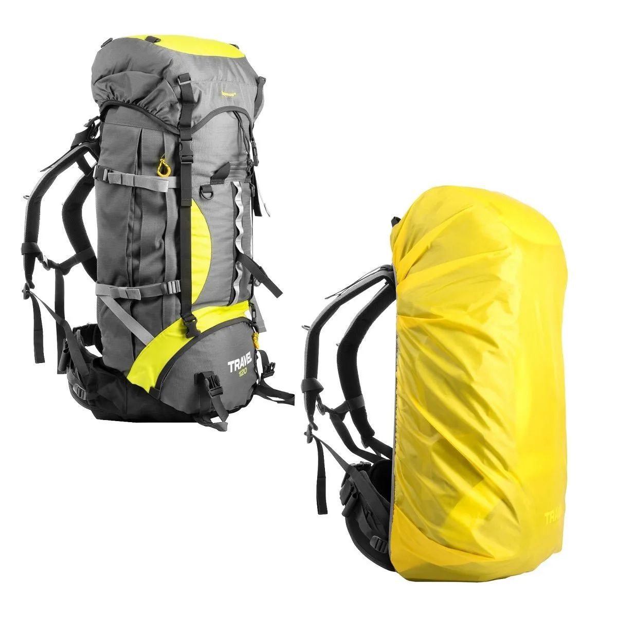 TRAVEL Extra Large Multi-Day Waterproof Framed Mountain Backpack with Rain Cover, 120L